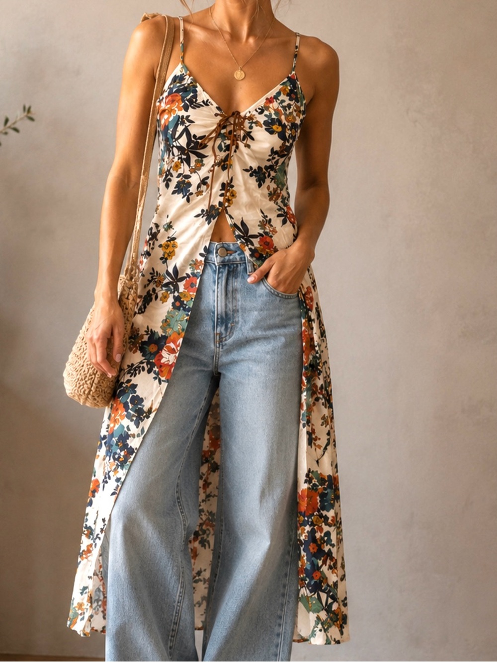Bohemian Spaghetti strap white floral tunic small
